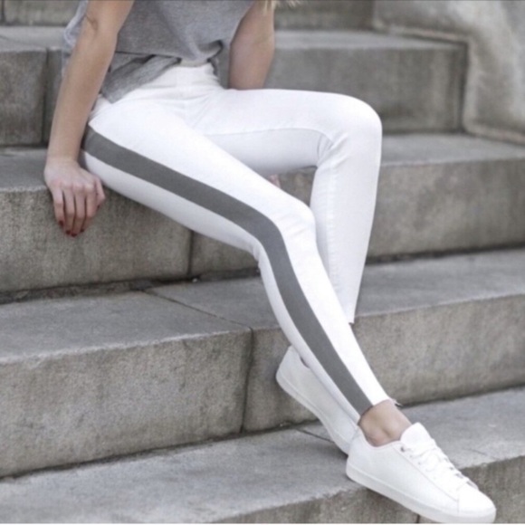 Spanx Distressed Skinny Jeans White With Side Stripe Raw Hem High Rise XL - Picture 1 of 8
